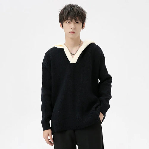 Load image into Gallery viewer, Korean Style Men&#39;s Sweaters Loose Hooded Contrast Color Knitted Casual Pullover Tops Autumn Clothing Stylish 9C7032
