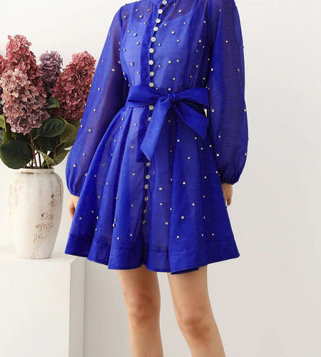 Solid Spliced Lace Up Loose Dresses For Women O Neck Long Sleeve High Waist Temperament Dress Female Clothes New