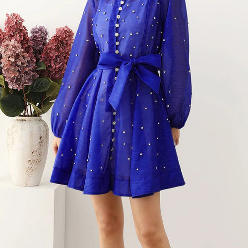 Load image into Gallery viewer, Solid Spliced Lace Up Loose Dresses For Women O Neck Long Sleeve High Waist Temperament Dress Female Clothes New
