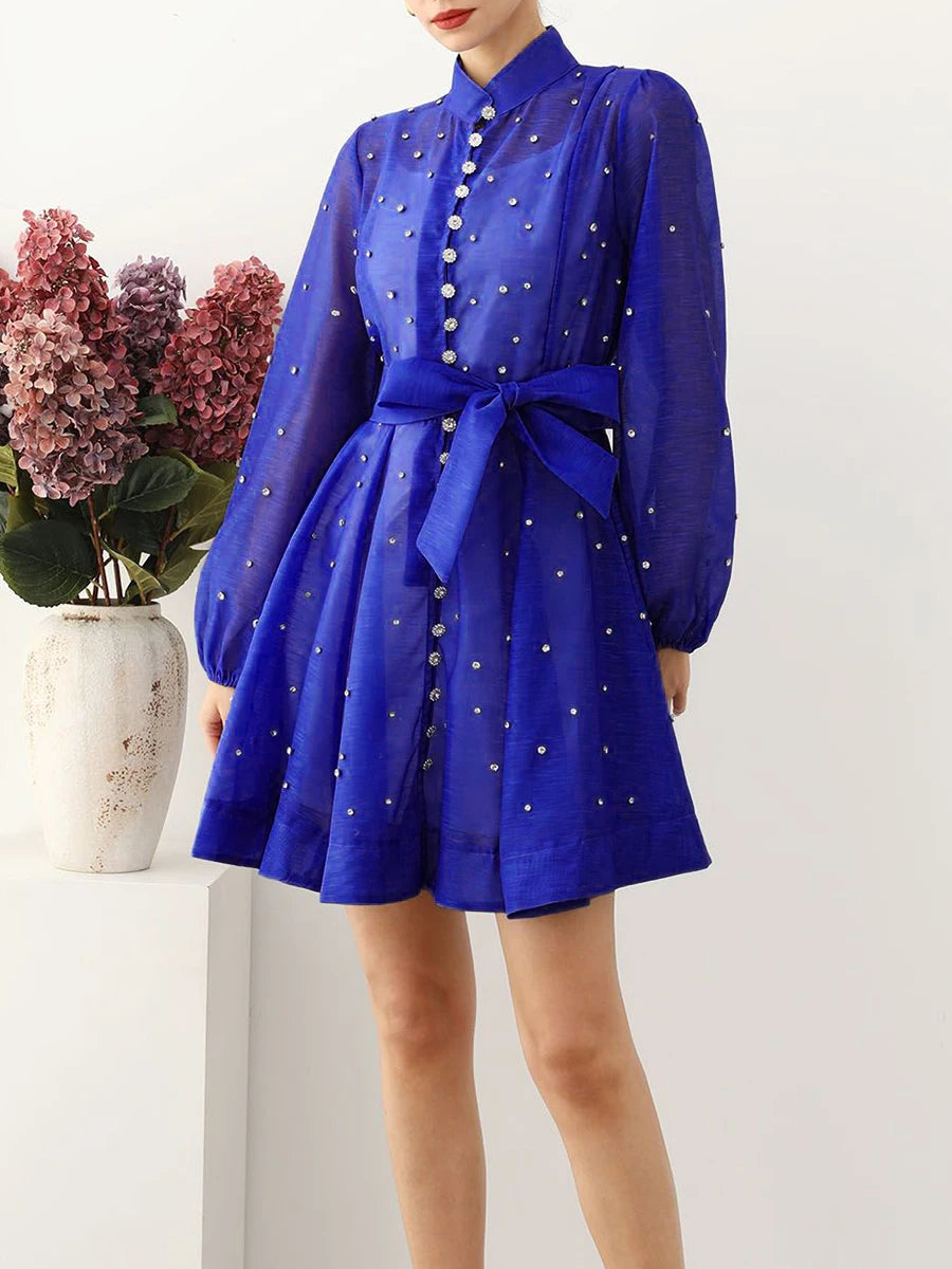 Solid Spliced Lace Up Loose Dresses For Women O Neck Long Sleeve High Waist Temperament Dress Female Clothes New