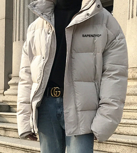 Korean Style Men's Parkas Stand Collar Thickened Letter Printing Casual Padded Jackets Loose Contrast Color Coats 9C8983