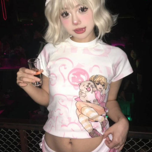 Load image into Gallery viewer, Japanese Camisetas Y2k Tshirts Crop Tops Women Clothing Short Sleeve O-neck Cute Tees Anime Print Casual Fashion Summer T-shirt
