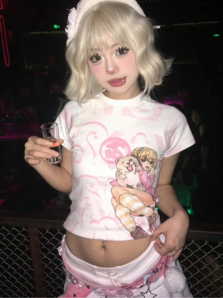 Japanese Camisetas Y2k Tshirts Crop Tops Women Clothing Short Sleeve O-neck Cute Tees Anime Print Casual Fashion Summer T-shirt