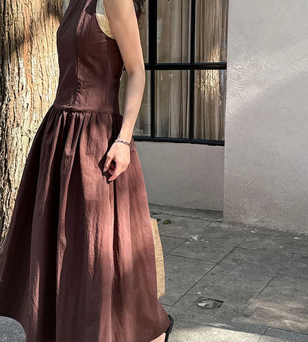 Women Coffee Color-block Elegant Long Vest Dress New Round Neck Sleeveless Fashion Tide Spring Summer 2025 1DJ0743