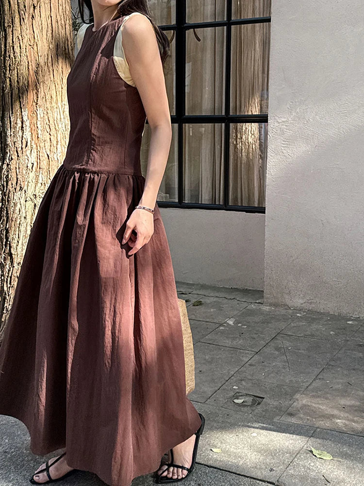 Women Coffee Color-block Elegant Long Vest Dress New Round Neck Sleeveless Fashion Tide Spring Summer 2025 1DJ0743