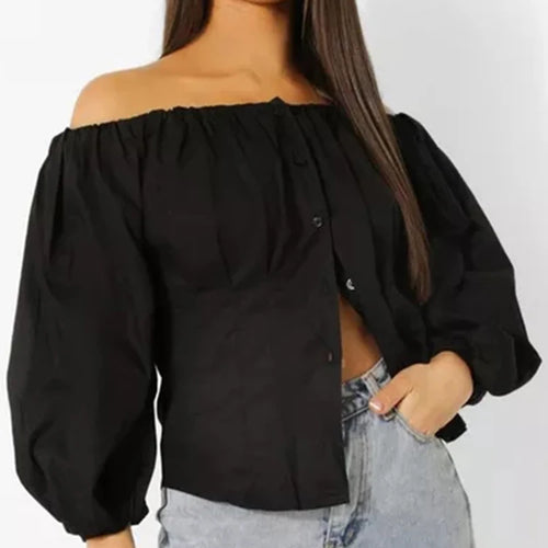 Load image into Gallery viewer, Solid Minimalist Patchwork Button Shirts For Women Slash Neck Off Shoulder Lantern Sleeve Temperament Slimming Shirt Female
