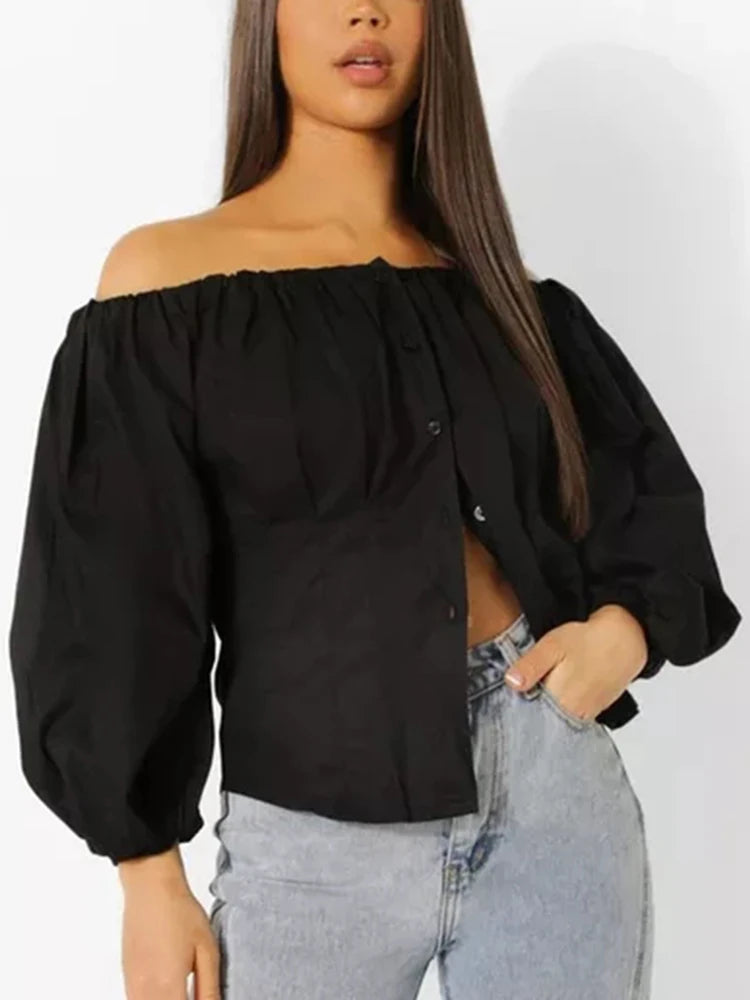 Solid Minimalist Patchwork Button Shirts For Women Slash Neck Off Shoulder Lantern Sleeve Temperament Slimming Shirt Female