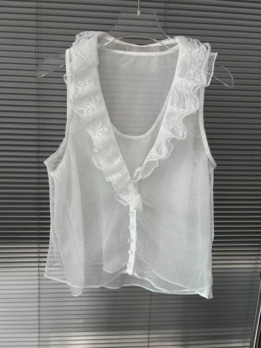 Hit Color Slimming Two Piece Sets for Women V Neck Long Spliced Embroidery Cardigan Patchwork Lace Vest Set Female