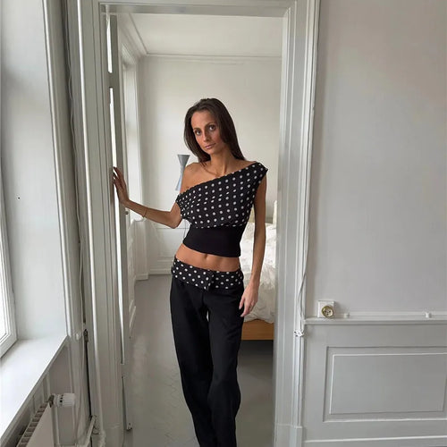 Load image into Gallery viewer, Backless Polka Dot Crop Tops Women Vest Fashion Summer New Oblique Shoulder Sleeveless Tank Tops Pullovers Female
