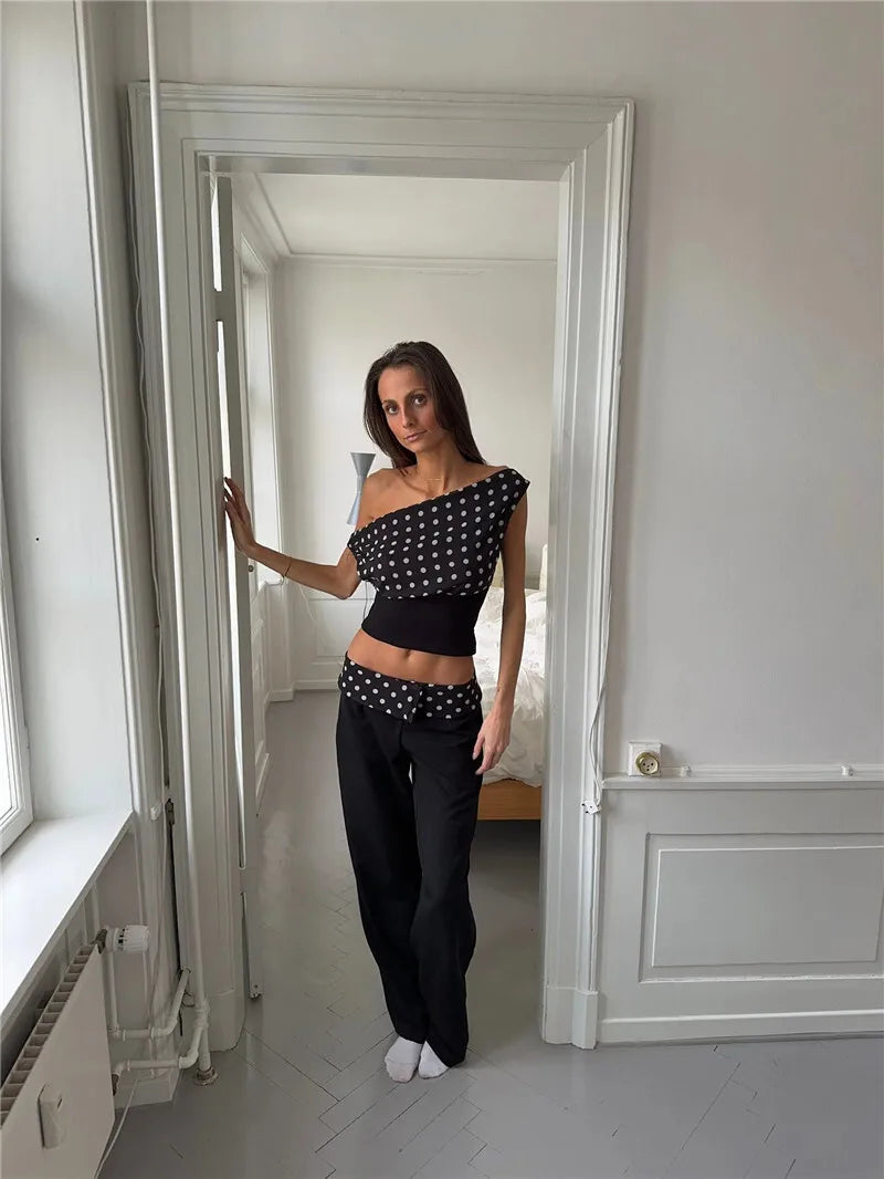 Backless Polka Dot Crop Tops Women Vest Fashion Summer New Oblique Shoulder Sleeveless Tank Tops Pullovers Female