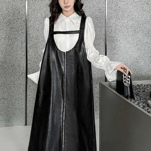 Load image into Gallery viewer, Women Black Big Size PU Leather Zipper Strap Dress New Square Collar Sleeveless Fashion Tide Spring Autumn 2025 1DH4461
