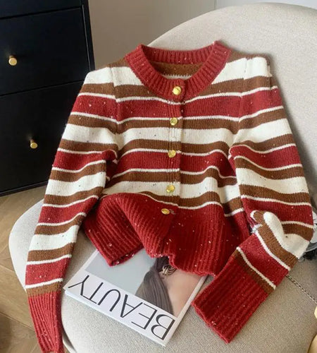Autumn Winter Red Bright Silk Patchwork Cardigan Sweaters Women Black Striped Long Sleeve Loose Round Neck Knited Tops Outerwear