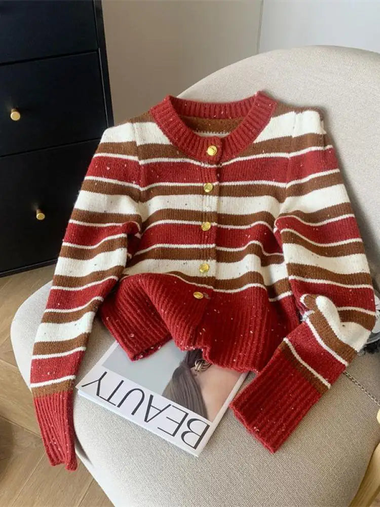 Autumn Winter Red Bright Silk Patchwork Cardigan Sweaters Women Black Striped Long Sleeve Loose Round Neck Knited Tops Outerwear