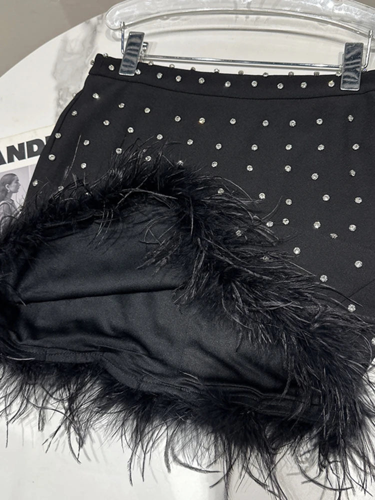 Spliced Nail Diamond Skirts For Woemn High Waist A Line Patchwork Feathers Loose Elegant Skirt Female Fashion