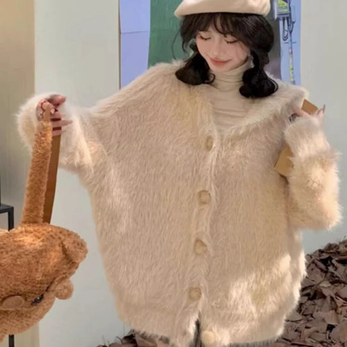 Load image into Gallery viewer, Harajuku Kawaii Fluffy Coat Y2k Aesthetic Fairy Grunge Jacket Warm Outwear Oversized Rabbit&#39;s Ears Hooded Cute Apricot Jackets
