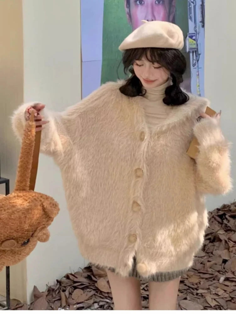 Harajuku Kawaii Fluffy Coat Y2k Aesthetic Fairy Grunge Jacket Warm Outwear Oversized Rabbit's Ears Hooded Cute Apricot Jackets