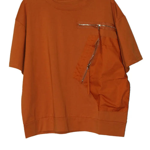 Load image into Gallery viewer, Women White Pocket Zipper Big Size Casual T-shirt New Round Neck Short Sleeve Fashion Tide Spring Summer 2025 1DJ0416
