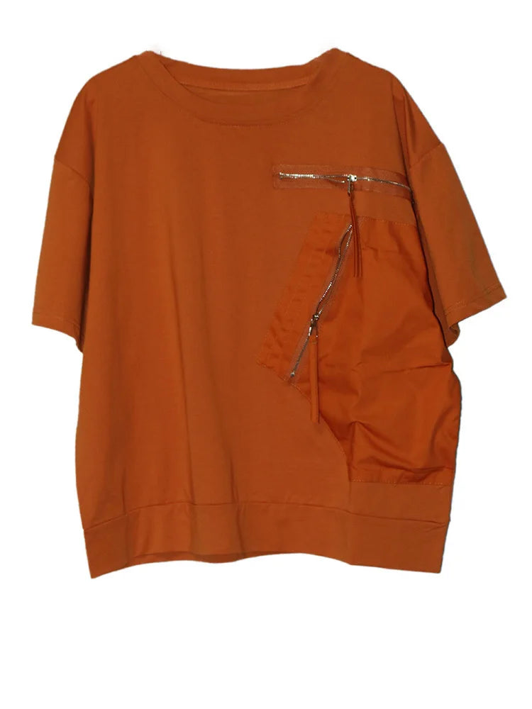 Women White Pocket Zipper Big Size Casual T-shirt New Round Neck Short Sleeve Fashion Tide Spring Summer 2025 1DJ0416