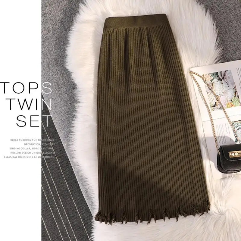 Casual Knitted Midi Pencil Skirt Y2k Women Autumn Winter Elastic High Waist  A-line Split Straight Skirts Female Streetwear