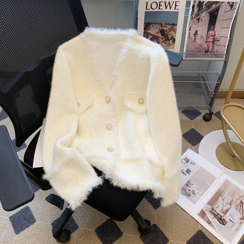 Load image into Gallery viewer, Autumn Winter French White Print V Neck Tassel Elegant Knitted Cardigan Tops Women Single Breasted Long Sleeve Mink Sweater Chic
