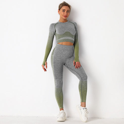 Load image into Gallery viewer, Striped Women&#39;s Yoga Sets Anti-Shrink Long-sleeved Sports Top Sexy Hip Lift Buttocks Tight Leggings Gradient Color Suits
