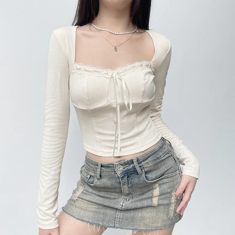 Square Neck Coquette Autumn Women T-shirts Slim Sweet Korean Style Lace Trim Crop Top Tee Chic Tie Up Buttons Clothes