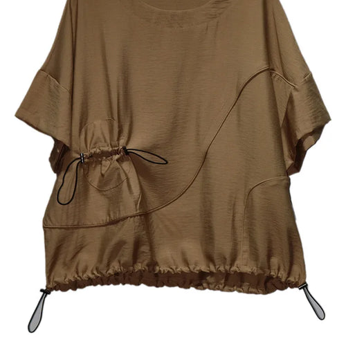 Load image into Gallery viewer, Women Black  Drawstring Big Size Casual T-shirt New Round Neck Short Sleeve Fashion Tide Spring Summer 2025 1DJ0427
