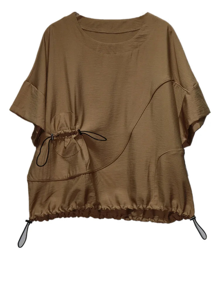 Women Black  Drawstring Big Size Casual T-shirt New Round Neck Short Sleeve Fashion Tide Spring Summer 2025 1DJ0427