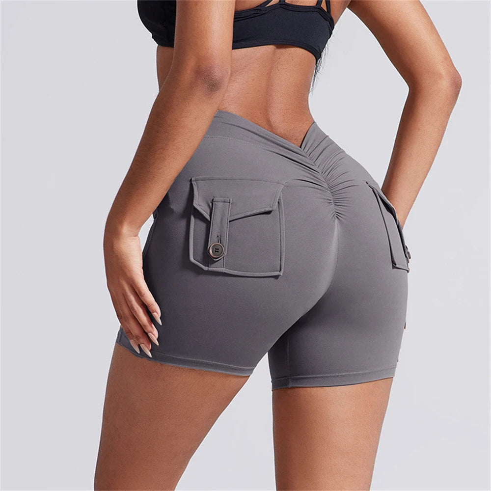 Deep V Back Yoga Shorts Women Pocket Scrunched Butt Gym Leggings High Waist Push Up Tights Sexy Booty Sports Shorts Fitness