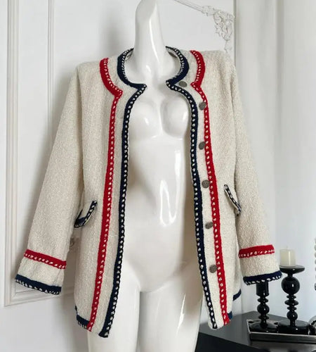 Retro Beige Patchwork Round Neck Woolen Coat Women Long Sleeve Thick Single Breasted Jacket 2024 Autumn Winter Casual Ladies Y2k