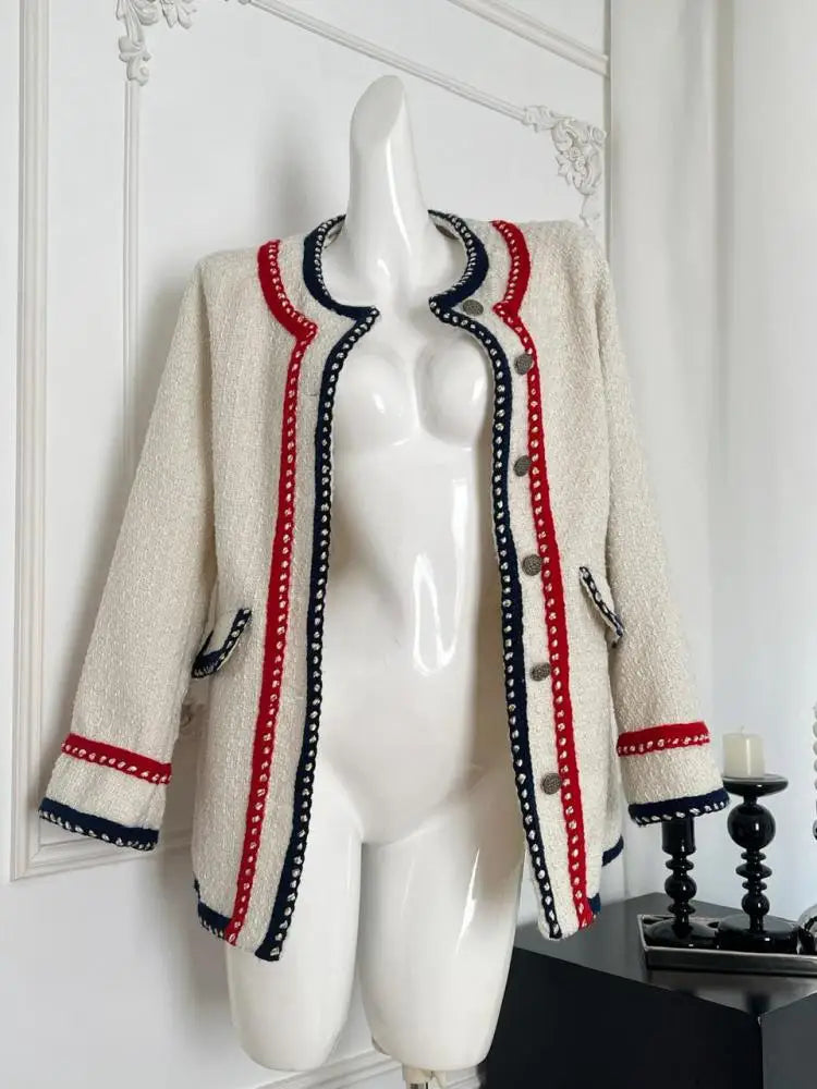 Retro Beige Patchwork Round Neck Woolen Coat Women Long Sleeve Thick Single Breasted Jacket 2024 Autumn Winter Casual Ladies Y2k