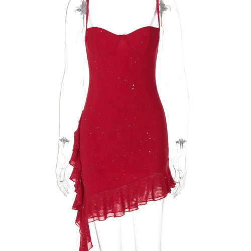 Load image into Gallery viewer, Spaghetti Strap Ruffled Sexy Mini Dress For Women Red Fashion Sleeveless Backless High Waist A-line Club Party Dress
