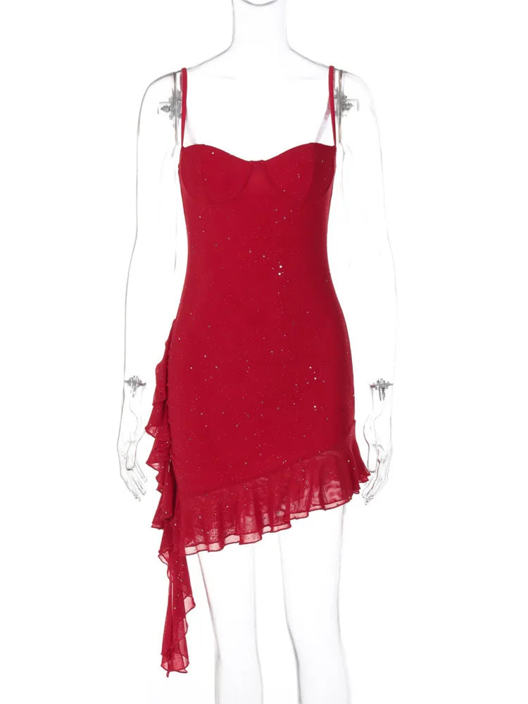 Spaghetti Strap Ruffled Sexy Mini Dress For Women Red Fashion Sleeveless Backless High Waist A-line Club Party Dress