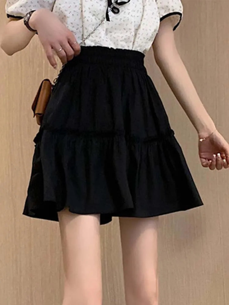Kawaii Mini Skirts Women Cute Fungus Patchwork Fairycore High Waist Pleated Short Skirt Korean Fashion Preppy Style