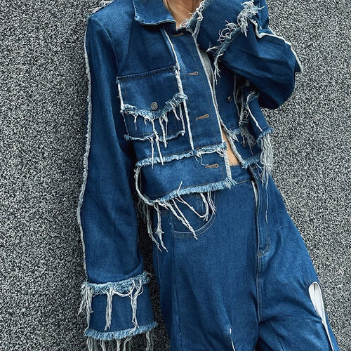 Load image into Gallery viewer, Streetwear Denim Two Piece Sets For Women Lapel Long Sleeve Spliced Tassel Coat High Waist Hit Color Jeans Casual Set Female
