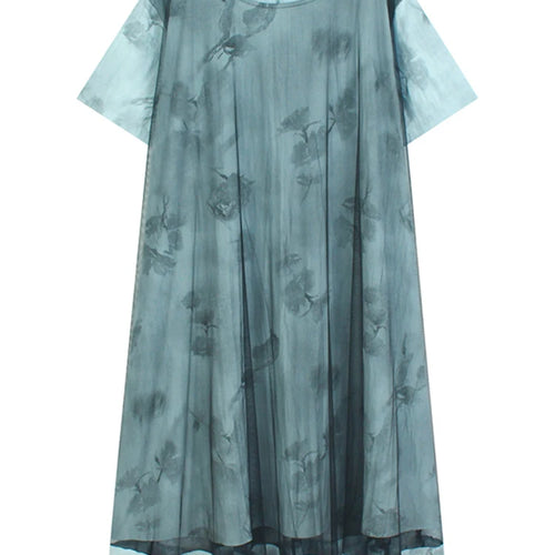 Load image into Gallery viewer, Women Blue Pattern Printed Mesh Big Size Midi Dress New Round Neck Short Sleeve Fashion Tide Spring Summer 2025 1DJ1326
