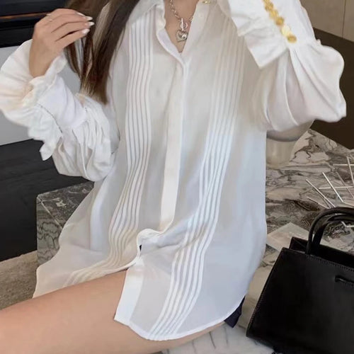 Load image into Gallery viewer, Solid Spliced Folds Fashion Shirts for Women Lapel Long Sleeves Patchwork Buttons Minimalsit Shirt Female Clothing
