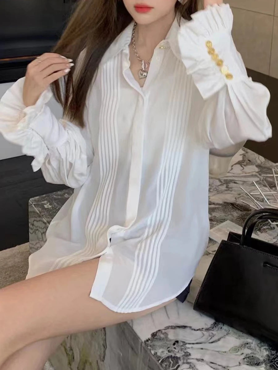 Solid Spliced Folds Fashion Shirts for Women Lapel Long Sleeves Patchwork Buttons Minimalsit Shirt Female Clothing