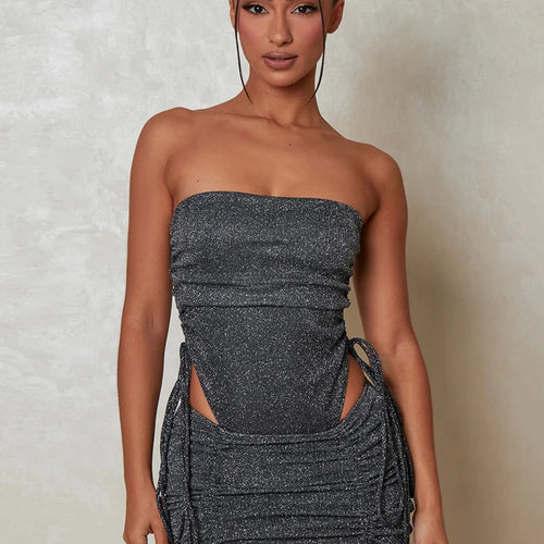 Load image into Gallery viewer, Glitter Sexy Dress Set Women Strapless Bodysuit And Mini Skirt Matching Sets Ladies Party Drawstring Two Piece Sets
