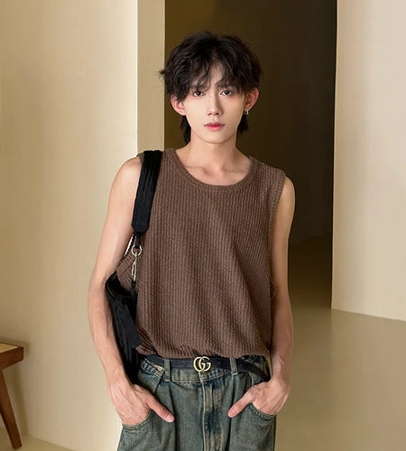 Summer Tank Top Loose Sleeveless Solid Color Round Neck Casual Fashion Personalized Vest Man's Clothing 9C5366