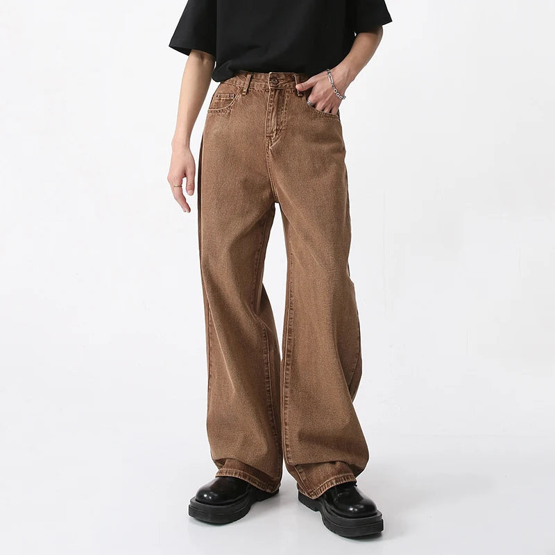 Men's Wear Coffee Casual Denim Trousers Spring Loose Simple Vintage Wide Leg Male Jeans Korean Fashion 9A6953