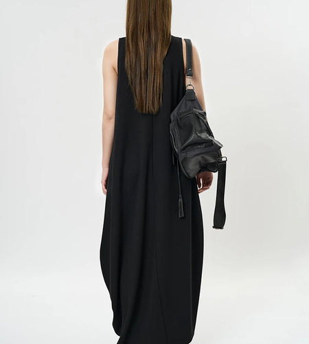 Women Black Brief Irregular Shaped Pocket Long Elegant Dress New V-Neck Sleeveless Fashion Tide Spring Autumn 2025 1DH9419