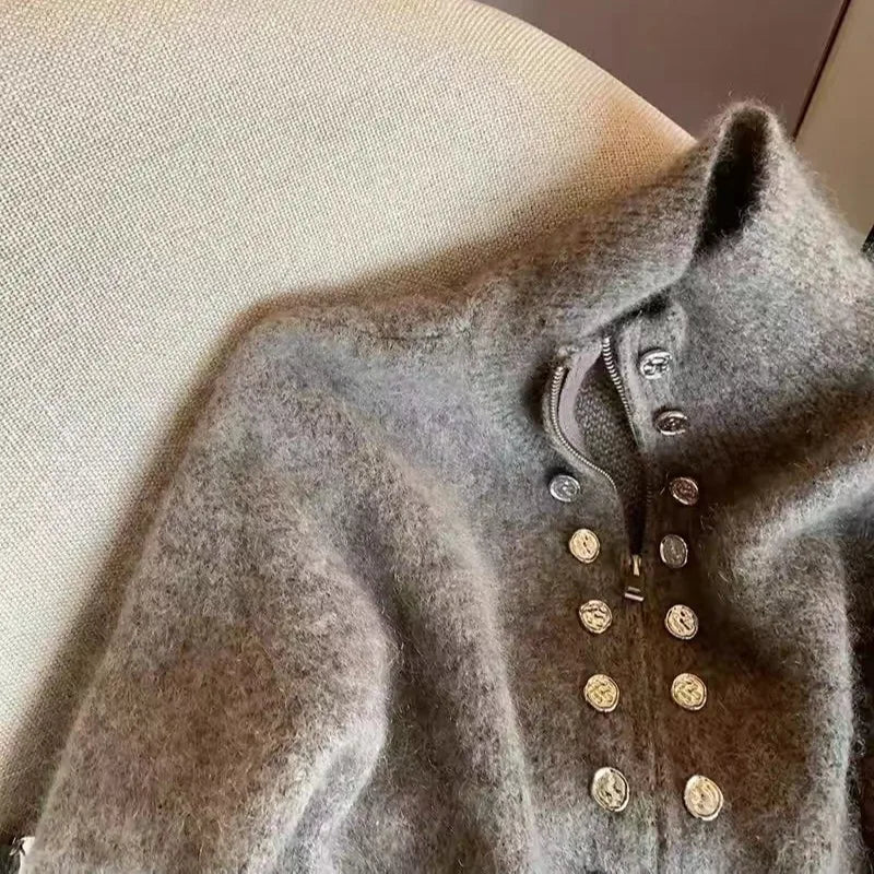 Vintage 2024 New Grey Elegant Double Breasted Stand Collar Zipper Knitted Sweater Women Autumn Winter Long Sleeve Cardigan Tops