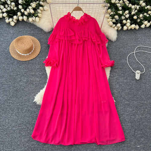 Load image into Gallery viewer, French 2024 Autumn New Solid Elegant Ruffle Edge Neck Long Sleeves Dress Women Vintage Loose Vacation Pleated Dress Popular Chic
