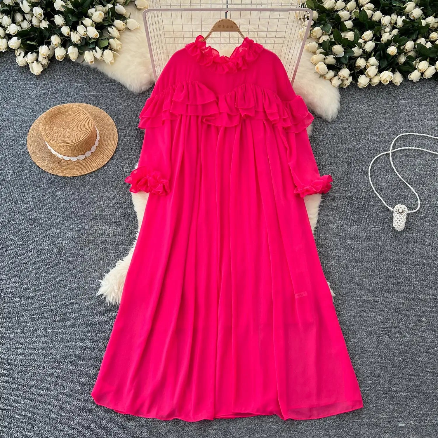 French 2024 Autumn New Solid Elegant Ruffle Edge Neck Long Sleeves Dress Women Vintage Loose Vacation Pleated Dress Popular Chic