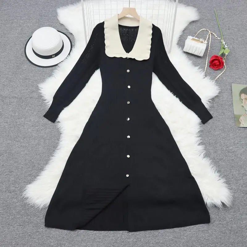 Vintage Autumn 2024 New Women's Patchwork Single Breasted Knit Dresses French Elegant Festival Slim Long Sleeve Dress Streetwear