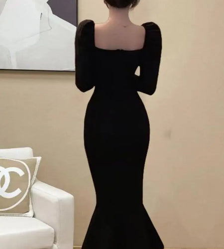 Korean Version Autumn Winter Black Square Neck Elegant Wrap Hip Dress Vintage Women Long Sleeves Knitted Fishtail Dress 2024 New