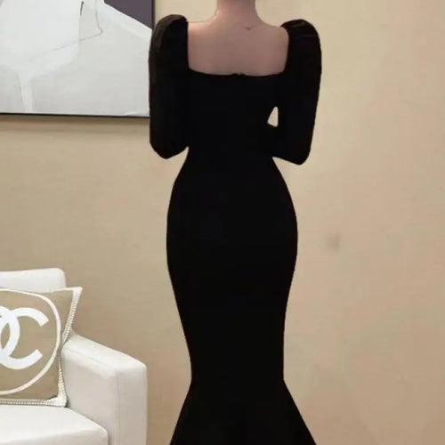 Load image into Gallery viewer, Korean Version Autumn Winter Black Square Neck Elegant Wrap Hip Dress Vintage Women Long Sleeves Knitted Fishtail Dress 2024 New
