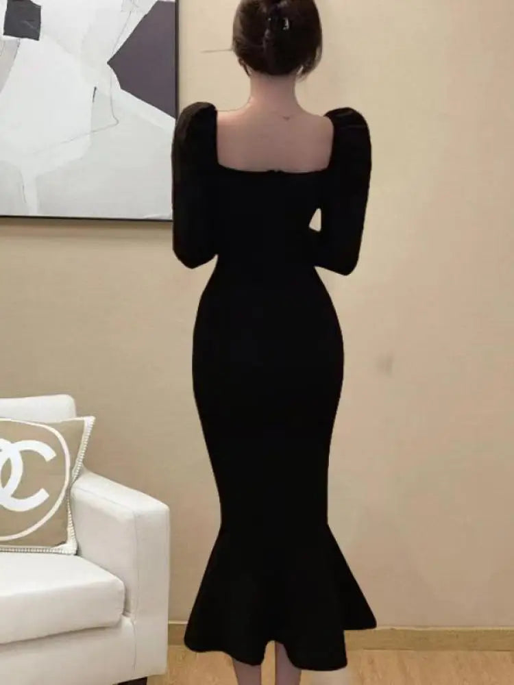 Korean Version Autumn Winter Black Square Neck Elegant Wrap Hip Dress Vintage Women Long Sleeves Knitted Fishtail Dress 2024 New