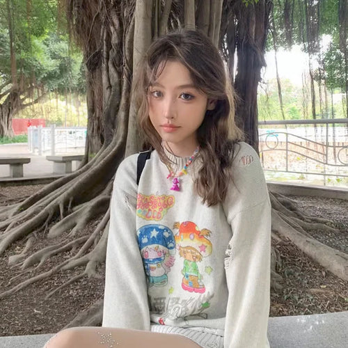 Load image into Gallery viewer, Y2k Aesthetic Cartoon Printing Harajuku Sweater Women Gothic Vintage Ripped Grunge Jumper Streetwear Oversize Hiphop Pullover
